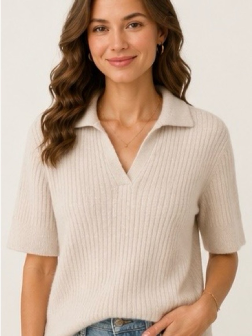 Bailey/44 Fuzzy Ribbed Knit Polo Sweater Top – Cream Beige | Size M